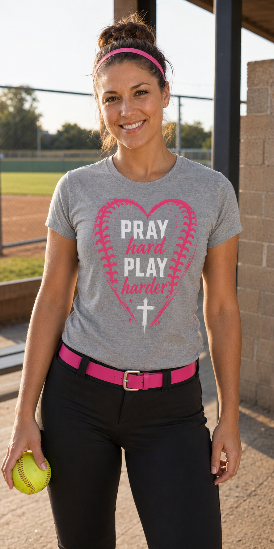 "Pray Hard, Play Harder" Softball Heart Tee